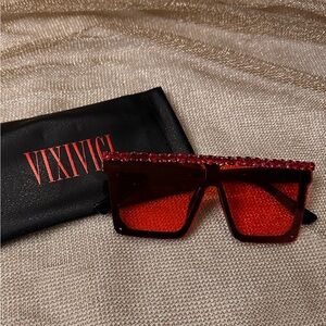 Rhinestone flat top shield sunglasses w/case